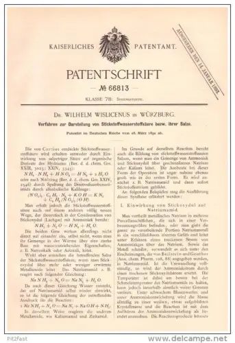 Original Patentschrift -  Dr. Wilhelm Wislicenus in Würzburg , 1892 , Stickstoff - Wasserstoffsäure , Chemie , Labor !!!