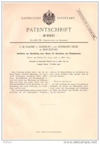 Original Patentschrift - M. Dahms und H. Dede in Hamburg - Bergedorf , 1892 , Platzpatrone - Geschoss , Herstellung