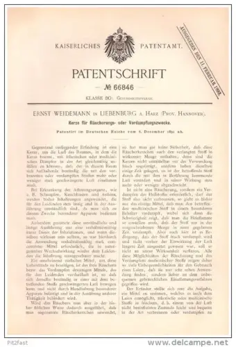Original Patentschrift - E. Weidemann in Liebenburg a. Harz ,1891, Kerze zum Räuchern , Räucherkerze , ätherische Dämpfe