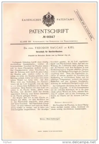 Original Patentschrift -  Dr. phil. Theodor Saggau in Kiel , 1892 , Sterilisierflasche - Verschluß , sterilisieren !!!
