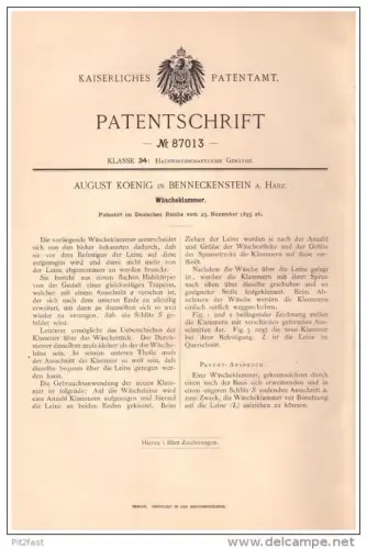 Original Patentschrift - August König in Benneckenstein a. Harz , 1895 , Wäscheklammer , Klammer , Wäsche !!!