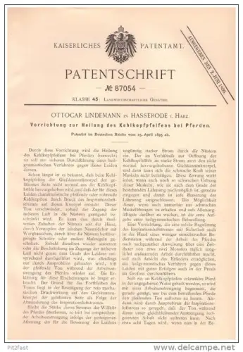Original Patentschrift - O. Lindemann in Hasserode i. Harz ,1895, Apparat gegen Kehlkopfpfeifen beim Pferd , Wernigerode