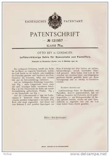 Original Patentschrift - Otto Rey in Gerdauen , 1900 ,  Sohle für Hausschuhe , Schelesnodoroschny , Ostpreussen !!!
