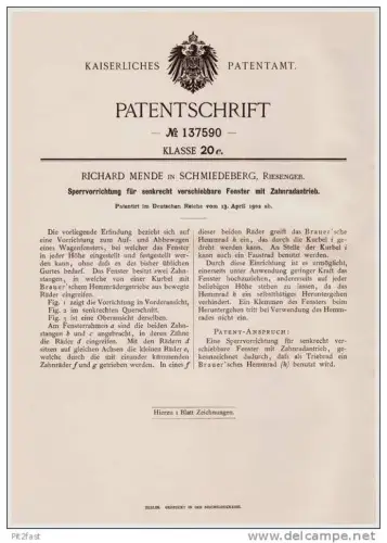 Original Patentschrift - Richard Mende in Schmiedeberg / Kowary , 1902 , Sperre für Fenster !!!