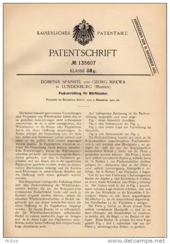 Original Patentschrift - D. Spanhel in Lundenburg / Breclav , 1901 , Würfelzucker - Packmaschine , Zucker !!!