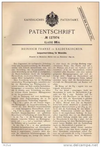 Original Patentschrift - H. Franke in Kaldenkirchen / Nettetal , 1899 , Jacquard für Webstuhl , Weberei !!!