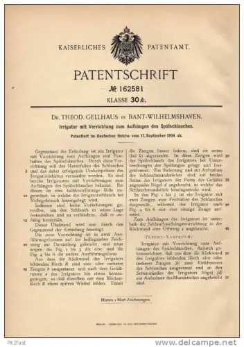 Original Patentschrift - Dr. Gellhaus in Bant - Wilhelmshaven , 1904 , Irrigator mit Spülschlauch !!!