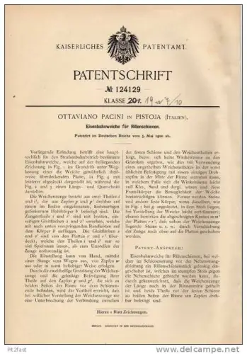 Original Patentschrift - O. Pacini in Pistoia , 1900 , Weiche für Eisenbahn !!!