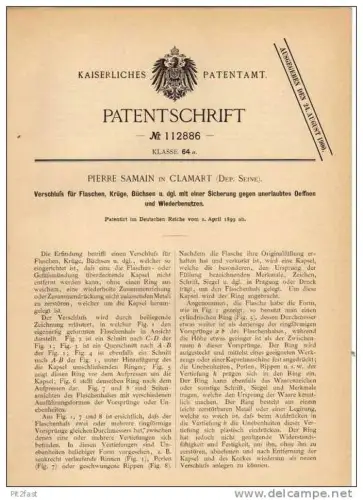Original Patentschrift - P. Samain in Clamart , Dep. Seine , 1899 , Verschluß für Flaschen und Krüge !!!