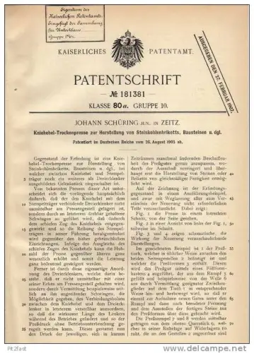 Original Patentschrift - J. Schüring in Zeitz , 1905, Kniehebel - Trockenpresse für Steinkohlebriketts , Brikett , Kohle