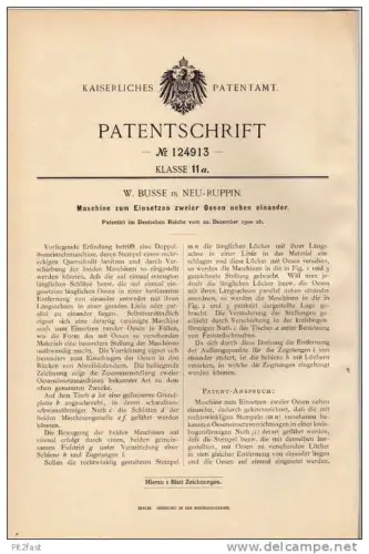 Original Patentschrift - W. Busse in Neu - Ruppin , 1900 , Maschine für Oesen , Neuruppin !!!