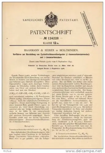 Original Patentschrift - Haarmann & Reimer in Holzminden , 1898 , Darstellung v. Jononcarbonsäure , Chemie !!!