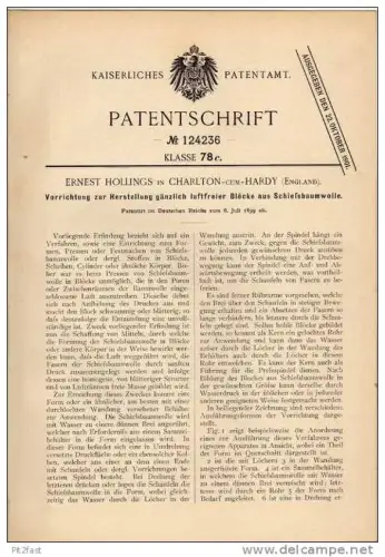 Original Patentschrift - E. Hollings in Chorlton cum Hardy , 1899 , Block aus Schieß - Baumwolle !!!