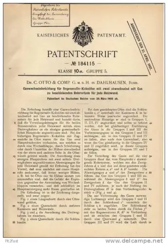 Original Patentschrift - Dr. C. Otto in Dahlhausen a.d. Ruhr , 1906 , Regenerativ Koksofen , Koks !!!