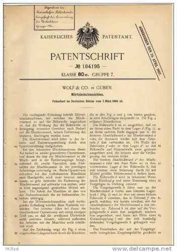 Original Patentschrift - Wolf & Co in Guben , 1906 , Mörtelmischmaschine , Bau , Maurer , Betonmischer !!!