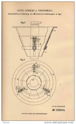 Original Patentschrift - O. Göricke in Vienenburg b. Goslar , 1901 , Mischapparat für Lebensmittel , Nahrung !!!