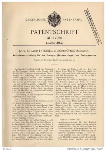 Original Patentschrift - K. Frykberg in Norrköping , 1900 , Presse für Zuckerstangen , Zuckerpresse , Zucker !!!