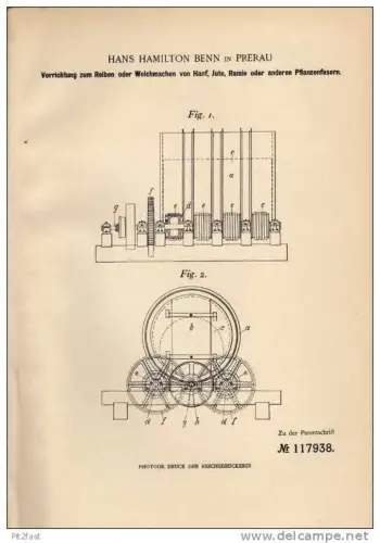 Original Patentschrift - H. Benn in Prerau , 1900 , Maschine für Hanf , Jute und Ramie , Prerov !!!