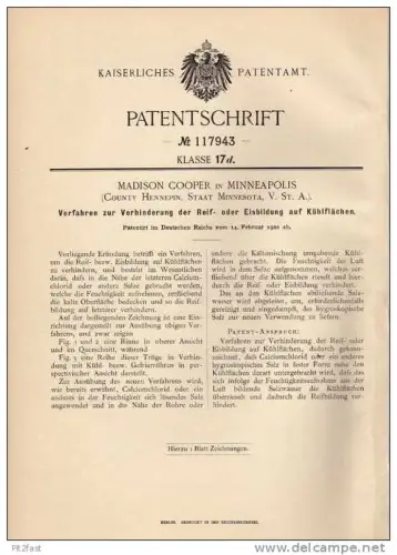 Original Patentschrift - Eisbildung auf Kühlflächen , 1900 , M. Cooper in Minneapolis , Eis , Klimaanlage , Kühlschrank
