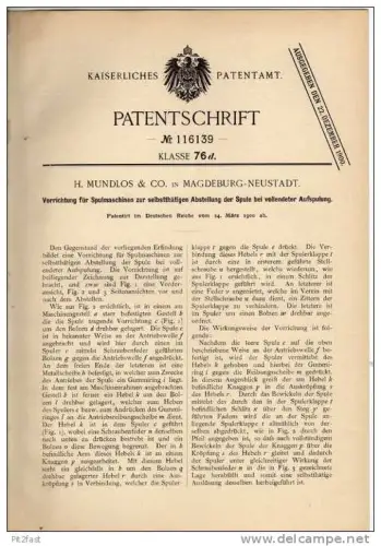 Original Patentschrift - H. Mundlos in Magdeburg - Neustadt , 1900 , Spulmaschine , Spule !!!