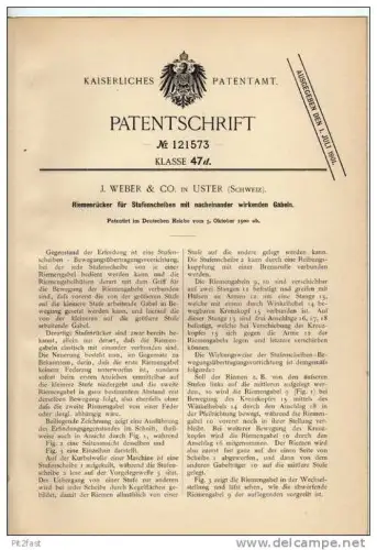 Original Patentschrift - J. Weber & Co in Uster ,1900, Riemenrücker für Stufenscheiben !!!