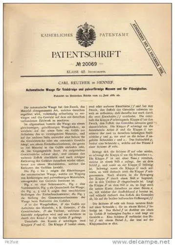 Original Patentschrift - C. Reuther in Hennef , 1881, Automatische Waage !!!