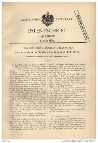 Original Patentschrift - H. Fiedler in Döhren b. Hannover , 1899, Reifen mit einzelnen Luftzellen  !!!