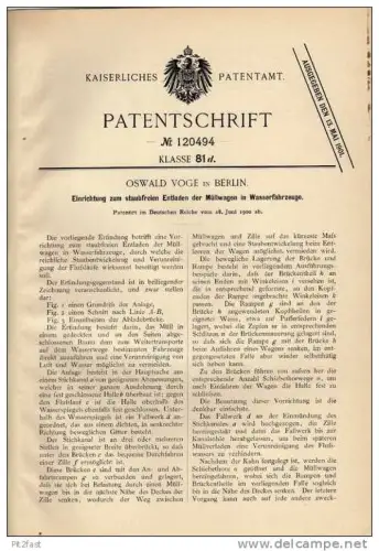 Original Patentschrift - Müllentladung in Schiffe , Boot , 1900 ,O. Voge in Berlin !!!