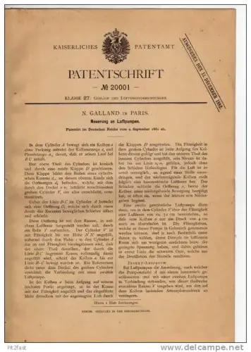 Original Patentschrift - N. Galland in Paris , 1881 , Luftpumpe !!!