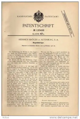 Original Patentschrift - H. Kröger in Altenburg S.-A. , 1900 , Ringschmierlager !!!