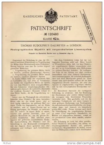 Original Patentschrift - Photographie , Objektiv , Linse , 1899 , Th. Dallmeyer in London !!!