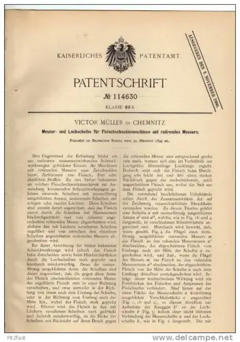 Original Patentschrift - V. Müller in Chemnitz , Fleischmaschine , 1899 , Fleischer , Schlachter , Fleischerei !!!