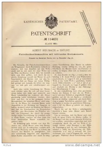 Original Patentschrift - A. Heubach in Erfurt , Fleischmaschine , 1899, Fleischer , Schlachter , Fleischerei !!!