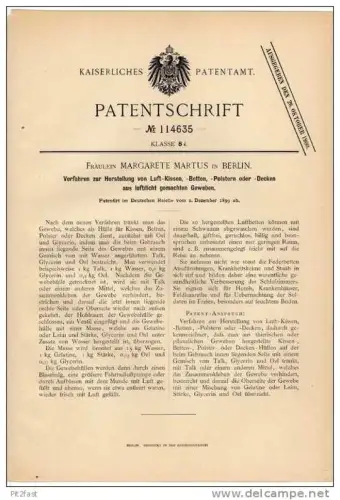 Original Patentschrift - M. Martus in Berlin , Luftkissen , Luftbetten , 1899 , Bettenhaus , Bett !!!
