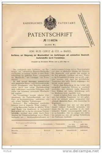 Original Patentschrift - J. Geigy & Co in Basel , 1899 ,Steigerung der Waschechtheit , Wäsche , Chemie !!!