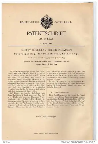 Original Patentschrift - G. Büchner in Hildburghausen , 1899 , Feuerungsanlage , Heizung , Heizungsbau !!!