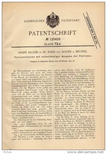 Original Patentschrift - Patronentasche , Munition , Pistole , 1900 , A. Jacobs in St. Josse b. Brüssel !!!