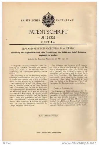 Original Patentschrift - E. Goldstraw in Derby ,1901, Gaslampe , Glühlichtbrenner !!!