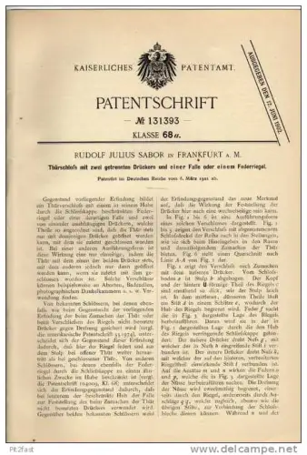 Original Patentschrift - R. Sabor in Frankfurt a. Main ,1901 , Türschloß , Schlüsseldienst , Schreiner !!!