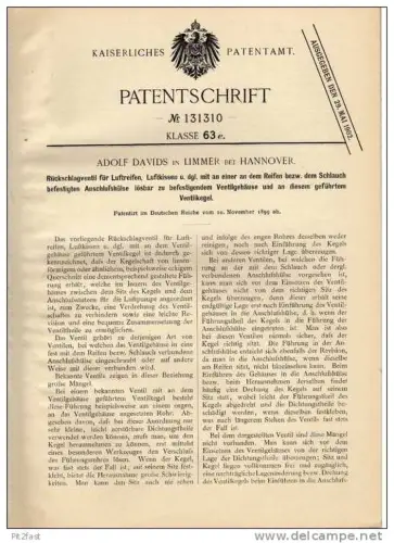 Original Patentschrift - A. Davids in Limmer b. Hannover ,1899 ,  Luftreifen , Ventil , Pneu !!!