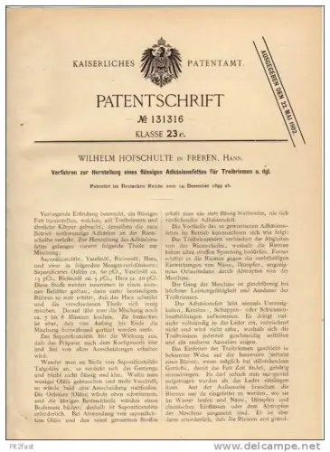 Original Patentschrift -  W. Hofschulte in Freren , 1899 , Fett für Treibriemen , Lingen !!!