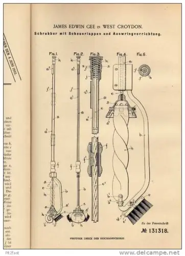 Original Patentschrift - J.E. Gee in London ,1901, Schrubber mit Auswringvorrichtung , Reinigung  !!!