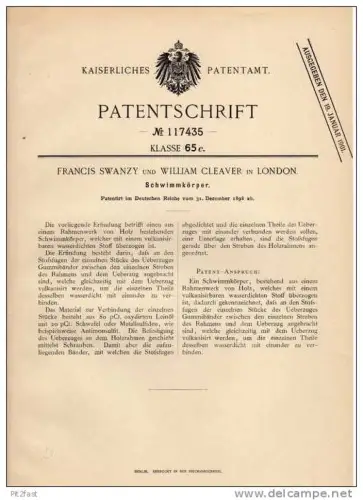 Original Patentschrift - W. Cleaver in London ,1901, Schwimmkörper , Boot !!!