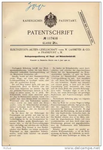 Original Patentschrift - Elektrizitäts AG in Frankfurt a. Main , 1900 ,  Hochspannung - Sicherung , Elektrik