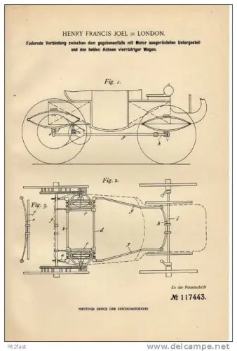 Original Patentschrift - H.F. Joel in London , 1899 , Federung für Motorwagen !!!