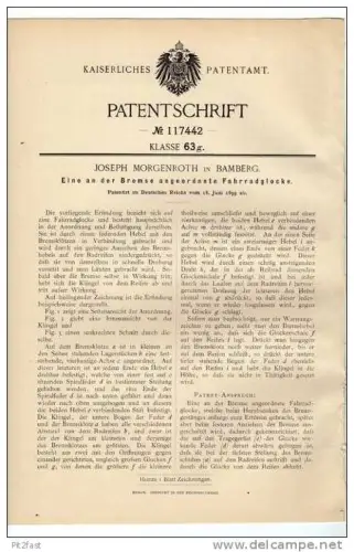 Original Patentschrift - J. Morgenroth in Bamberg , 1899 , Fahrrad , Glocke , Klingel !!!