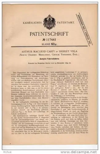 Original Patentschrift -  A. Carey in Yorkshire , 1899 , Laterne für Fahrrad , Acetylen , bicycle , lamp !!!