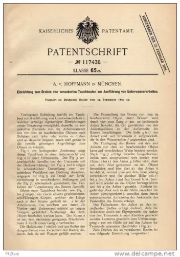 Original Patentschrift - A.v. Hoffmann in München ,1899 , Tauchboot , U-Boot , Boot !!!