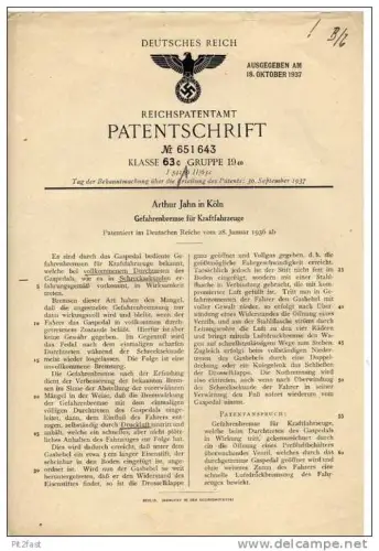 Original Patentschrift - Arthur Jahn in Köln ,1936 , Gefahrenbremse für KFZ , Bremse , Automobile !!!