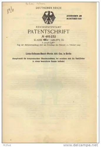 Original Patentschrift - Linke Hofmann Busch Werke AG in Berlin , Ventil für Dieselmaschinen , 1928 !!!